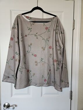 Source Unknown Taupe Floral Boatneck Sweatshirt with Pink Roses